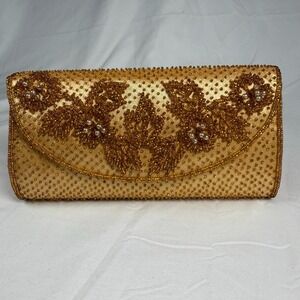 Vintage Beaded Gold Evening Clutch Purse Handbag Bead & Sequin Design‎